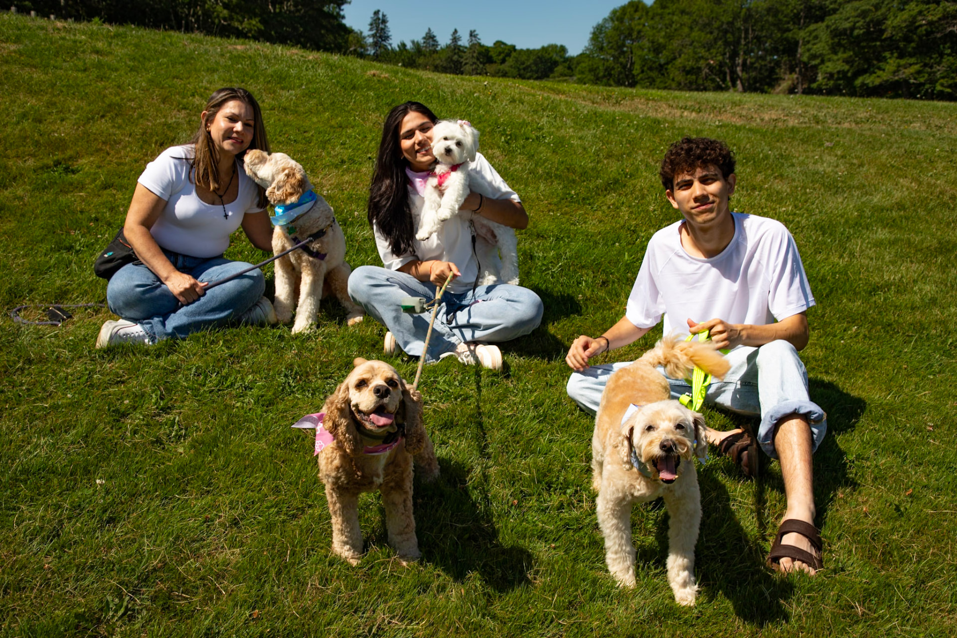 Edelys, Angeli, and Victor with happy dogs on a sunny day in Maine